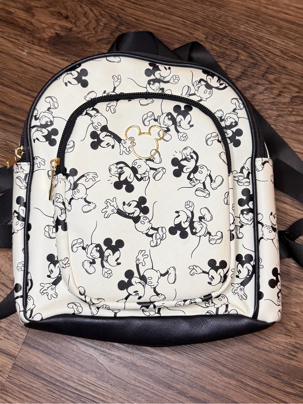 Disney Black & White Mickey Print Mini Backpack with Gold Accent